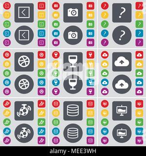 Arrow left, Camera, Question mark, Ball, Wineglass, Cloud, Speaker, Database, Graph icon symbol. A large set of flat, colored buttons for your design. Stock Vector