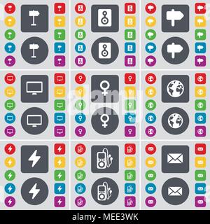 Signpost, Speaker, Signpost, Monitor, Venus symbol, Earth, Flash, MP3 player, Message icon symbol. A large set of flat, colored buttons for your desig Stock Vector