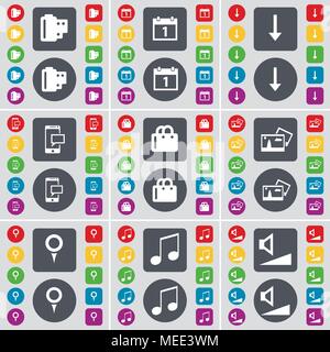 Negative films, Calendar, Arrow down, SMS, Bag, Picture, Checkpoint, Note, Volume icon symbol. A large set of flat, colored buttons for your design. V Stock Vector