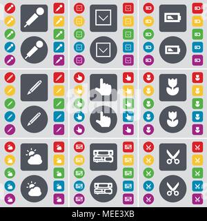 Microphone, Arrow down, Battery, Pencil, Hand, Flower, Cloud, Record-player, Scissors icon symbol. A large set of flat, colored buttons for your desig Stock Vector