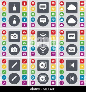 Flag tower, Chat bubble, Cloud, Camera, Wi-Fi, Cassette, Pencil, Gramophone, Media skip icon symbol. A large set of flat, colored buttons for your des Stock Vector