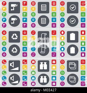 CCTV, Calculator, Tick, Recycling, Scroll, Battery, Volume, Binoculars, Window icon symbol. A large set of flat, colored buttons for your design. Vect Stock Vector
