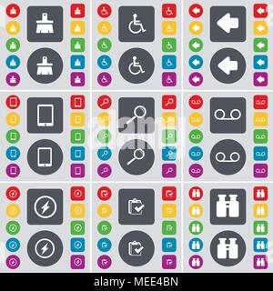 Brush, Disabled person, Arrow left, Tablet PC, Magnifying glass, Cassette, Flash, Survey, Binoculars icon symbol. A large set of flat, colored buttons Stock Vector