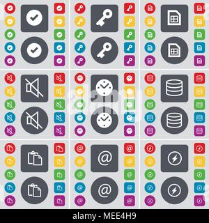 Tick, Key, List, Mute, Clock, Database, Survey, Mail, Flash icon symbol. A large set of flat, colored buttons for your design. Vector illustration Stock Vector