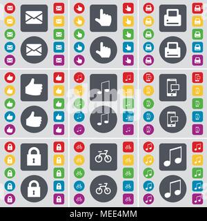 Message, Hand, Printer, Like, Note, SMS, Lock, Bicycle, Note icon symbol. A large set of flat, colored buttons for your design. Vector illustration Stock Vector