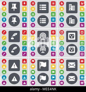 Pin, List, Building, Ink pot, Wi-Fi, Socket, Warning, Flag, Message icon symbol. A large set of flat, colored buttons for your design. Vector illustra Stock Vector