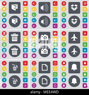 Wallet, Sound, Dropbox, Trash can, Camera, Airplane, Trash can, File, Notification icon symbol. A large set of flat, colored buttons for your design.  Stock Vector