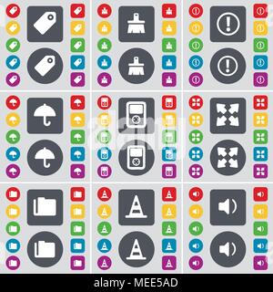 Tag, Brush, Warning, Umbrella, Player, Full screen, Folder, Cone, Sound icon symbol. A large set of flat, colored buttons for your design. Vector illu Stock Vector