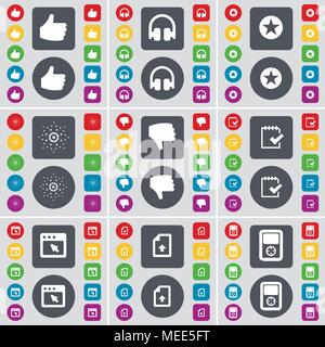 Like, Headphones, Star, Dislike, Survey, Window, Upload file, Player icon symbol. A large set of flat, colored buttons for your design. Vector illustr Stock Vector
