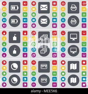 Battery, Message, Printer, Flag tower, Gallery, Monitor, Moon, Credit card, Map icon symbol. A large set of flat, colored buttons for your design. Vec Stock Vector
