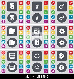 Medal, Hashtag, Mars symbol, Negative films, Plus one, Gear, Server, Cloud icon symbol. A large set of flat, colored buttons for your design. Vector i Stock Vector