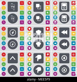 Connection, Copy, Player, Flash, Cooking hat, Rewind, Arrow up, Hand, Arrow down icon symbol. A large set of flat, colored buttons for your design. Ve Stock Vector