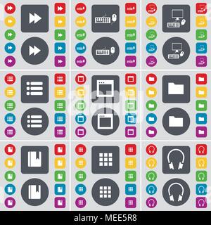 Rewind, Keyboard, PC, List, Window, Folder,  Dictionary, Apps, Headphones icon symbol. A large set of flat, colored buttons for your design. Vector il Stock Vector
