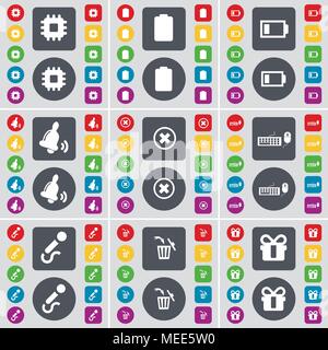 Processor, Battery, Bell, Stop, Keyboard, Microphone, Trash can, Gift icon symbol. A large set of flat, colored buttons for your design. Vector illust Stock Vector