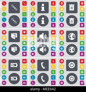 Link, Information, Trash can, Wallet, Sound, Earth, Battery, Receiver, Power icon symbol. A large set of flat, colored buttons for your design. Vector Stock Vector