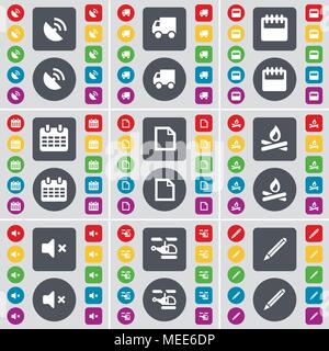 Satellite dish, Truck, Calendar, File, Campfire, Mute, Helicopter, Pencil icon symbol. A large set of flat, colored buttons for your design. Vector il Stock Vector