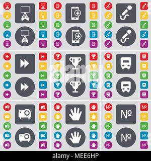 Gamepad, Smartphone, Microphone, Rewind, Cup, Truck, Projector, Hand, Number icon symbol. A large set of flat, colored buttons for your design. Vector Stock Vector