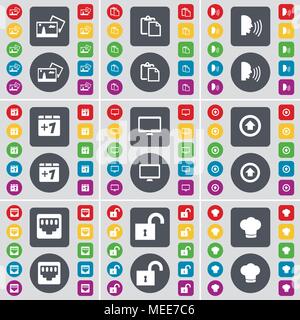 Picture, Survey, Talk, Plus one, Monitor, Arrow up, LAN socket, Lock, Cooking hat icon symbol. A large set of flat, colored buttons for your design. V Stock Vector