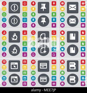 Warning, Pin, Message, Microscope, File, Dictionary, Window, Credit card, SIM card icon symbol. A large set of flat, colored buttons for your design.  Stock Vector
