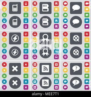 Mobile phone, SIM card, Chat bubble, Flash, Medal, Videotape, Stop, RSS, Chat bubble icon symbol. A large set of flat, colored buttons for your design Stock Vector