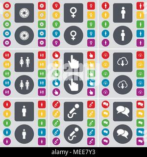 Lens, Venus symbol, Silhouette, Hand, Cloud, Microphone, Chat icon symbol. A large set of flat, colored buttons for your design. Vector illustration Stock Vector