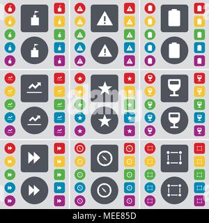 Flag tower, Warning, Battery, Graph, Star, Wineglass, Rewind, Compass, Frame icon symbol. A large set of flat, colored buttons for your design. Vector Stock Vector