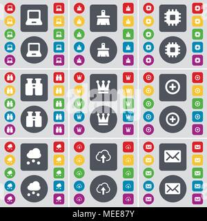 Laptop, Brush, Processor, Binoculars, Crown, Plus, Cloud, Message icon symbol. A large set of flat, colored buttons for your design. Vector illustrati Stock Vector