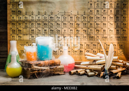 Books, scrolls and chemical reaction in school laboratory Stock Photo