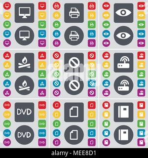 Monitor, Printer, Vision, Campfire, Stop, Router, DVD, File, Notebook icon symbol. A large set of flat, colored buttons for your design. Vector illust Stock Vector