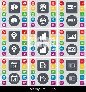 Chat bubble, Wi-Fi, Cassette, Checkpoint, Diagram, Calendar, Text file, Equalizer icon symbol. A large set of flat, colored buttons for your design. V Stock Vector