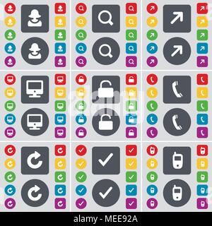 Avatar, Magnifying glass, Full screen, Monitor, Lock, Receiver, Reload, Tick, Mobile phone icon symbol. A large set of flat, colored buttons for your  Stock Vector