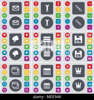 Message, Wrench, Link, Lightning, Apps, Floppy, Window, Calendar, Crown icon symbol. A large set of flat, colored buttons for your design. Vector illu Stock Vector