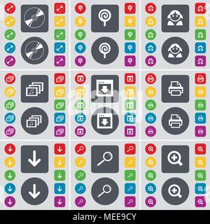 Disk, Lollipop, Avatar, Gallery, Window, Printer, Arrow down, Magnifying glass, Magnifying glass icon symbol. A large set of flat, colored buttons for Stock Vector