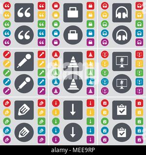Qoutation mark, Lock, Headphones, Microphone, Cone, Monitor, Pencil, Arrow down, Survey icon symbol. A large set of flat, colored buttons for your des Stock Vector