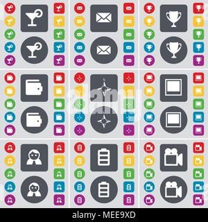 Cocktail, Message, Cup, Wallet, Compass, Window, Avatar, Battery, Film camera icon symbol. A large set of flat, colored buttons for your design. Vecto Stock Vector