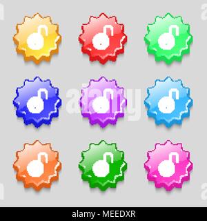 open lock icon sign. symbol on nine wavy colourful buttons. Vector illustration Stock Vector