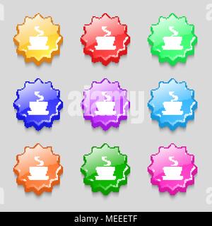coffee, tea icon sign. symbol on nine wavy colourful buttons. Vector illustration Stock Vector