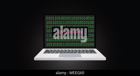 cyber security illustration with laptop and binary code on screen and cybersecurity text on top of that vector Stock Photo