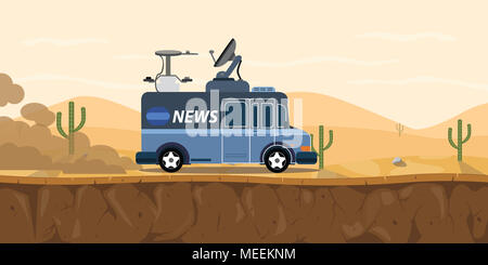 news tv car van on the desert with sand and cactus mountain vector graphic illustration Stock Photo