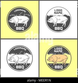 Set of Pig farm fresh pork meat emblems design , logo, label, symbol.Vector illustration Stock Vector