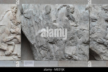 London. England. British Museum, Parthenon Frieze (Elgin Marbles), horsemen from the South Frieze, from the Parthenon on the Acropolis in Athens, ca.  Stock Photo