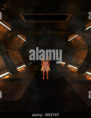 3d illustration of the girl in white dress alone in a sci-fi corridor,3d fantasy art for book cover,book illustration Stock Photo