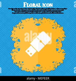 USB flash icon. Floral flat design on a blue abstract background with place for your text. Vector illustration Stock Vector
