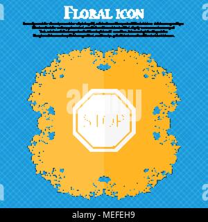 Stop icon. Floral flat design on a blue abstract background with place for your text. Vector illustration Stock Vector