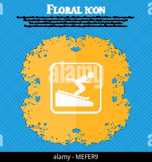 Skier icon. Floral flat design on a blue abstract background with place for your text. Vector illustration Stock Vector