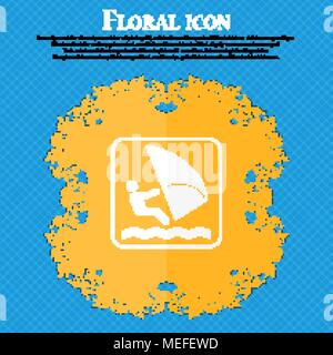 Windsurfing icon. Floral flat design on a blue abstract background with place for your text. Vector illustration Stock Vector