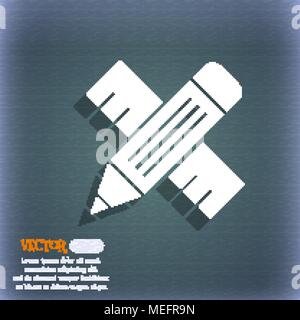 Pencil with ruler icon. On the blue-green abstract background with shadow and space for your text. Vector illustration Stock Vector