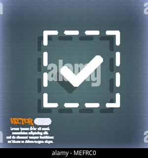 Check mark, tik icon. On the blue-green abstract background with shadow and space for your text. Vector illustration Stock Vector