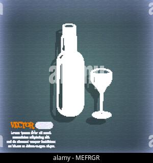 Bottle of wine and glass icon. On the blue-green abstract background with shadow and space for your text. Vector illustration Stock Vector