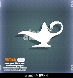 Alladin lamp genie icon. On the blue-green abstract background with shadow and space for your text. Vector illustration Stock Vector